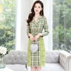 3/4-sleeve Layered Panel Plaid Midi Sheath Dress