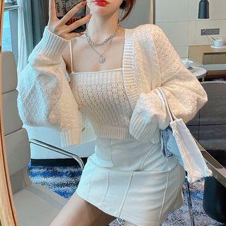 Cropped Cardigan / Knit Camisole Top / Faux Leather Mini A-line Skirt