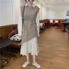 Sleeveless Asymmetric Knit Top / Long-sleeve Pleated Shirt Dress