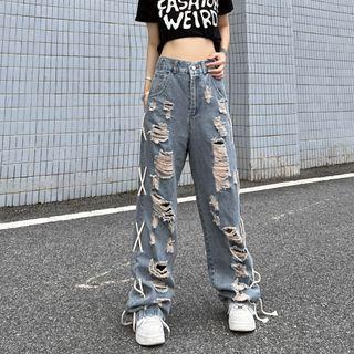 Distressed Lace Up Wide Leg Jeans