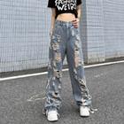 Distressed Lace Up Wide Leg Jeans