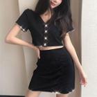 Set: V-neck Short-sleeve Crop Top + Mini A-line Skirt