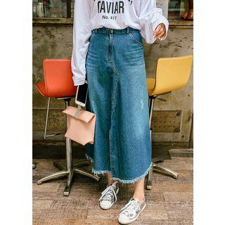 Fray-hem Slit-detail Denim Skirt