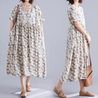 Leaf Print Short-sleeve Midi A-line Dress As Shown In Figure - One Size