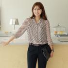 Open-placket Chiffon Plaid Blouse