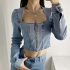 Square-neck Cropped Zip-up Denim Jacket
