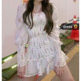 Long-sleeve Floral Chiffon Mini Dress
