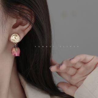 Rose Drop Earring 1 Pair - Red & Gold - One Size