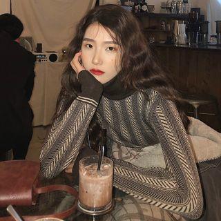 Pattern Turtle-neck Long-sleeve Knit Top