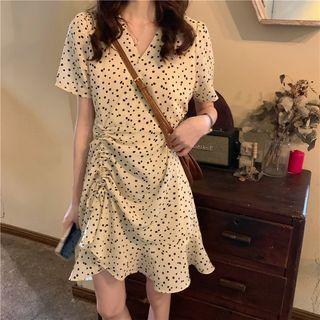 Short-sleeve Drawstring Dotted Mini A-line Dress Dots - Almond - One Size