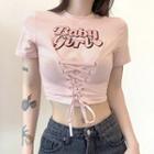 Short-sleeve Lace Up Lettering Cropped T-shirt