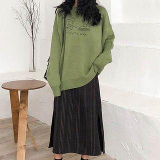 Embroidered Sweater / Striped Midi Skirt