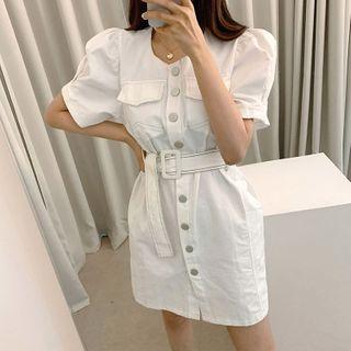 Buttoned Puff-sleeve Mini Sheath Dress