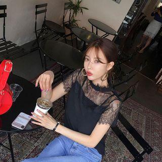 High-neck Lace-yoke Top