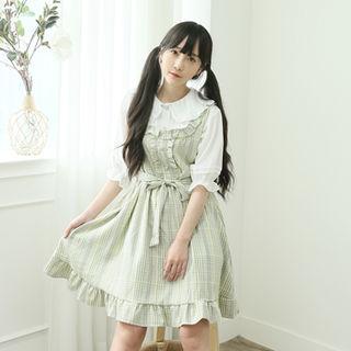 Frilled Plaid Pinafore Dress & Sash Green - One Size