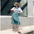 Set: Short-sleeve Print T-shirt + Plaid Ruffle Midi Skirt