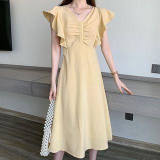 V-neck Ruffle Trim Plain Midi A-line Dress