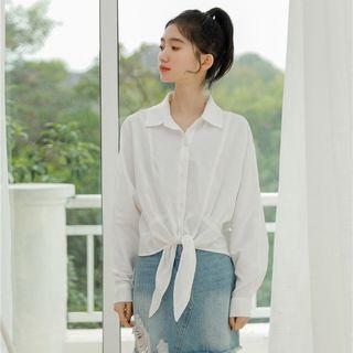 Long-sleeve Tie-front Blouse White - One Size