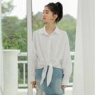 Long-sleeve Tie-front Blouse White - One Size