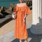 Elbow-sleeve Eyelet Off-shoulder Midi Dress