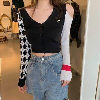 Patterned Cold-shoulder Knit Top As Shown In Figure - One Size