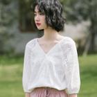 Pointelle V-neck Short-sleeve Top