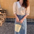 Contrast Collar Crinkled Short-sleeve Cropped Blouse