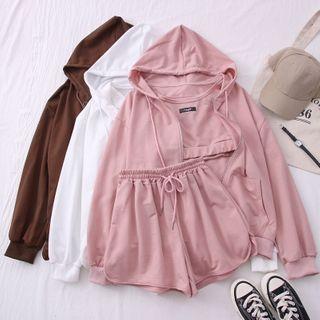 Set: Cropped Tank Top + Elastic High-waist Shorts + Hooded Jacket