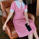 Lace Panel Gingham Puff-sleeve Midi A-line Dress
