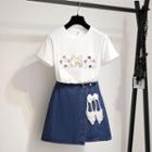 Set: Short-sleeve Embellished T-shirt + Denim A-line Skirt