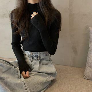 Plain Mock-neck Rib Knit Top