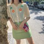 Cutout Embroidered Knit Top / High-waist Mini Skirt