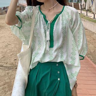 Elbow-sleeve Tassel Patterned Blouse