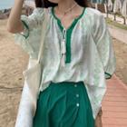 Elbow-sleeve Tassel Patterned Blouse