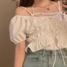 Puff-sleeve Lace-up Crop Top / Lace Trim Camisole Top