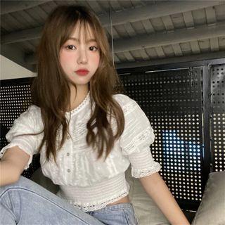 Puff-sleeve Lace Crop Top Off-white - One Size