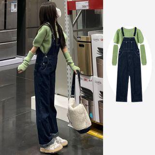 Short-sleeve Knit Top / Arm Sleeves / Denim Dungaree Pants / Set