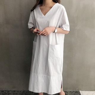 V-neck Dual-pocket Boxy Long Dress