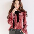 Tie-neck Ruffle-trim Velvet Blouse