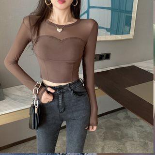 Long-sleeve Mesh Panel Fitted Crop Top