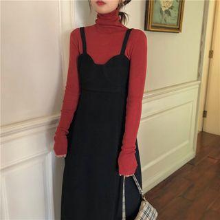 Mock-turtleneck Long-sleeve Top / Wide Strap Midi Pinafore Dress