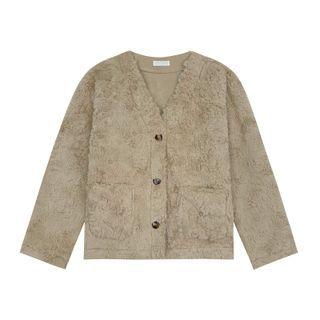 Fluffy Button-up Jacket Khaki - One Size