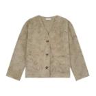 Fluffy Button-up Jacket Khaki - One Size
