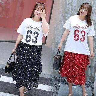 Set: Short-sleeve Lettering T-shirt + Ruffled Polka Dot Midi Skirt