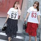 Set: Short-sleeve Lettering T-shirt + Ruffled Polka Dot Midi Skirt