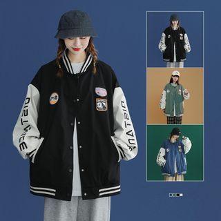 Lettering Contrast Sleeve Baseball Jacket