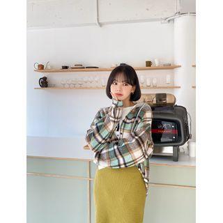 Contrast-hooded Fleece Plaid Jacket