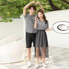 Women Set: Short-sleeve Plaid Shirtdress + Mesh Skirt / Men Plaid Shirt / Plain Shorts