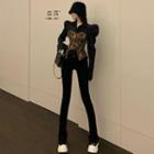 Asymmetrical Floral Vest + Puff-sleeve Plain Shirt / Boot-cut Pants