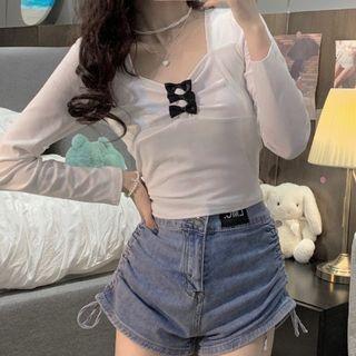 Square-neck Bow Pleated Cropped Top